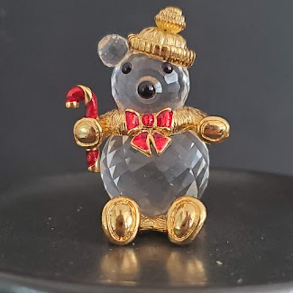 VTG Swarovski Trimlite‎ Crystal Holiday Teddy Bear with Candy Cane Bow Tie 80's - Picture 1 of 7